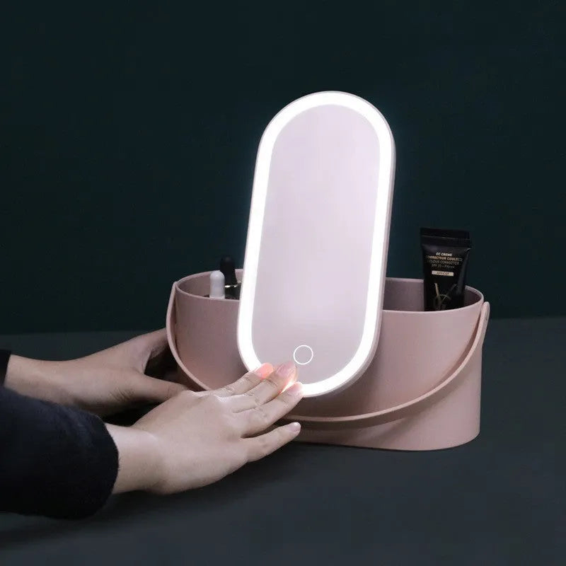 Portable aluminium mirror with plastic storage box in pink or white colour