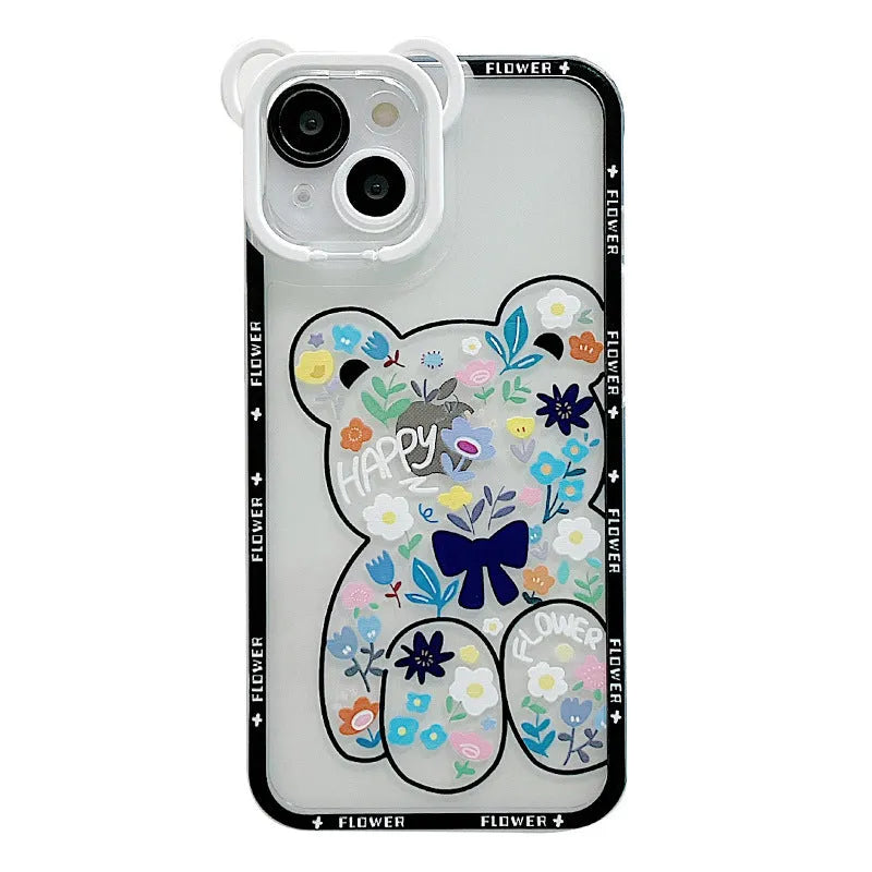 TPU phone case with painted cartoon bear and flower design in black and green for Apple iPhone
