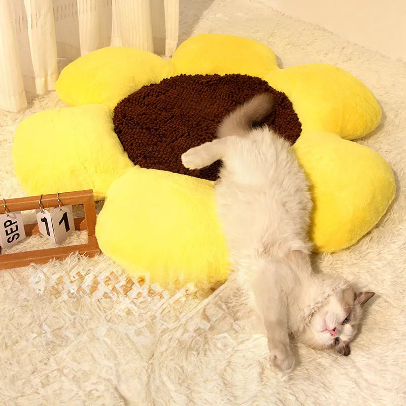 Blue round flower cat nest bed measuring 85cm diameter with plush surface and sponge filling
