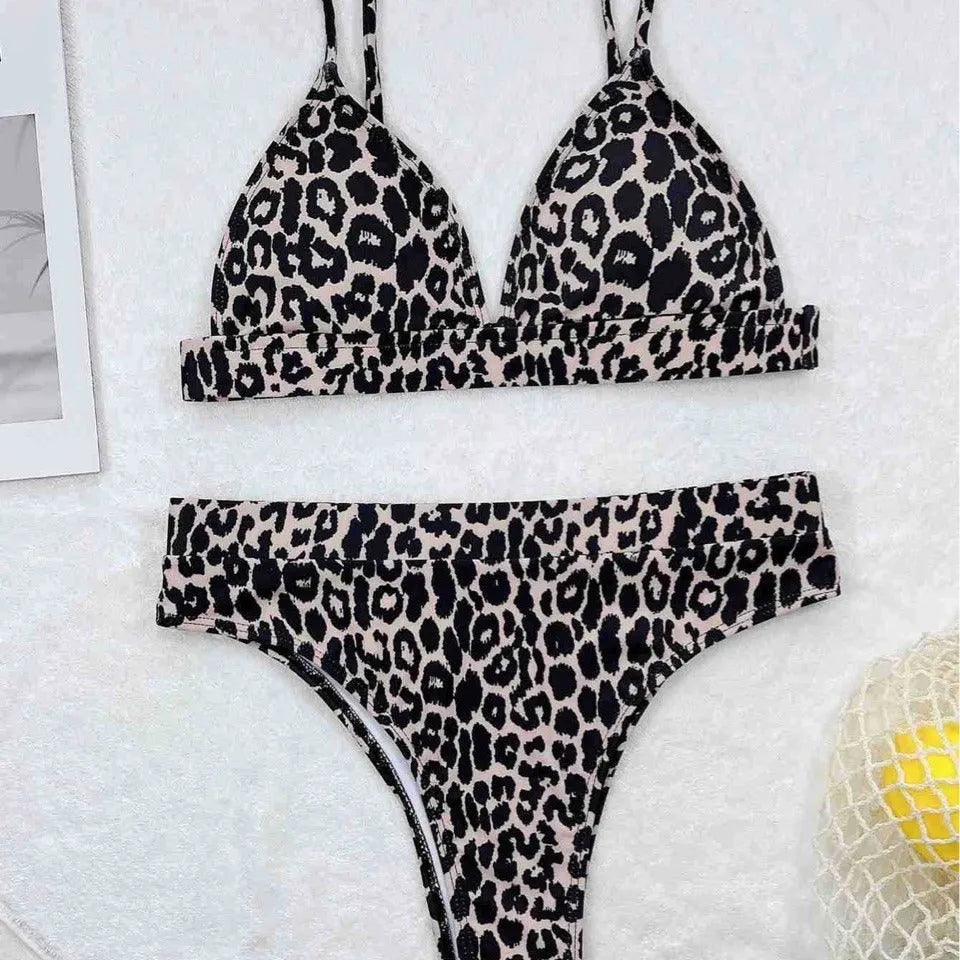 Leopard print bikini set with retro dots and backless brief design for women