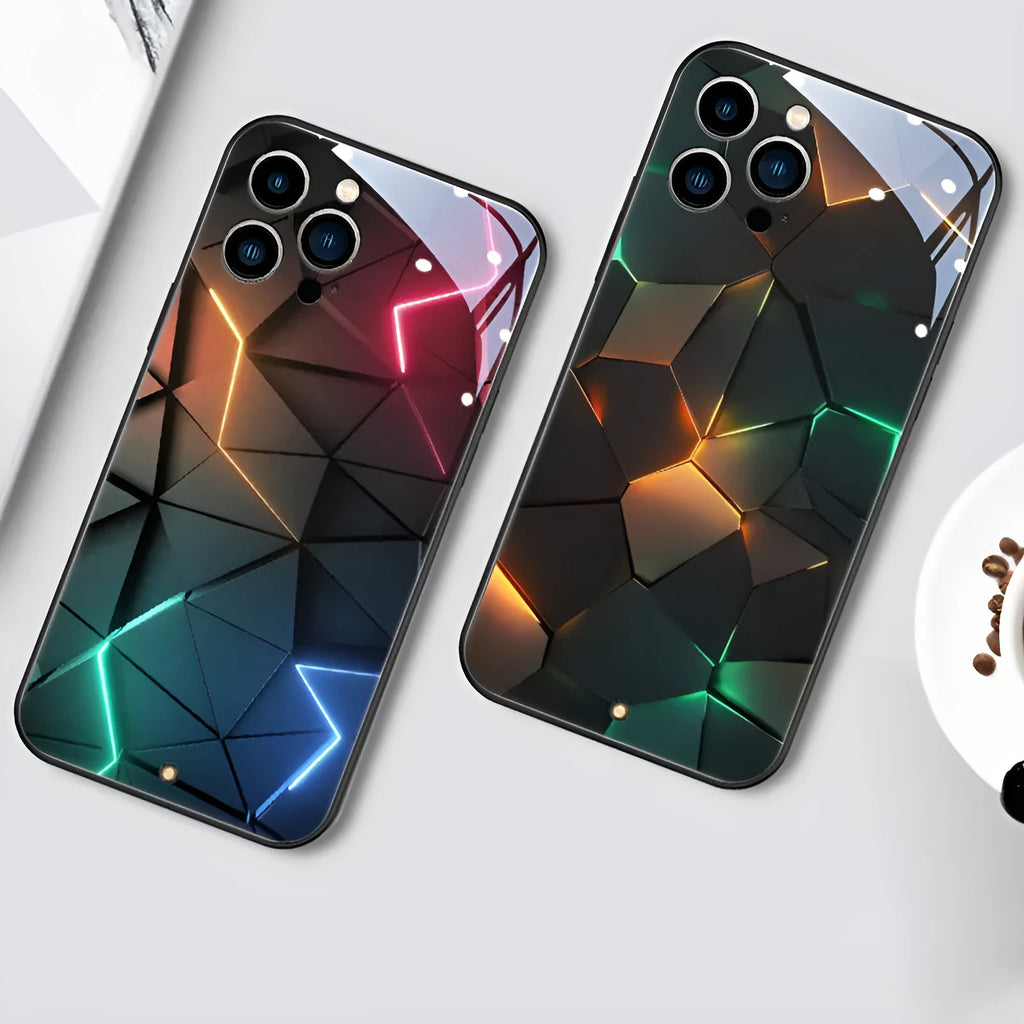 Xpress 14 clear tempered glass iPhone case with illuminated LED notification pattern on the back.