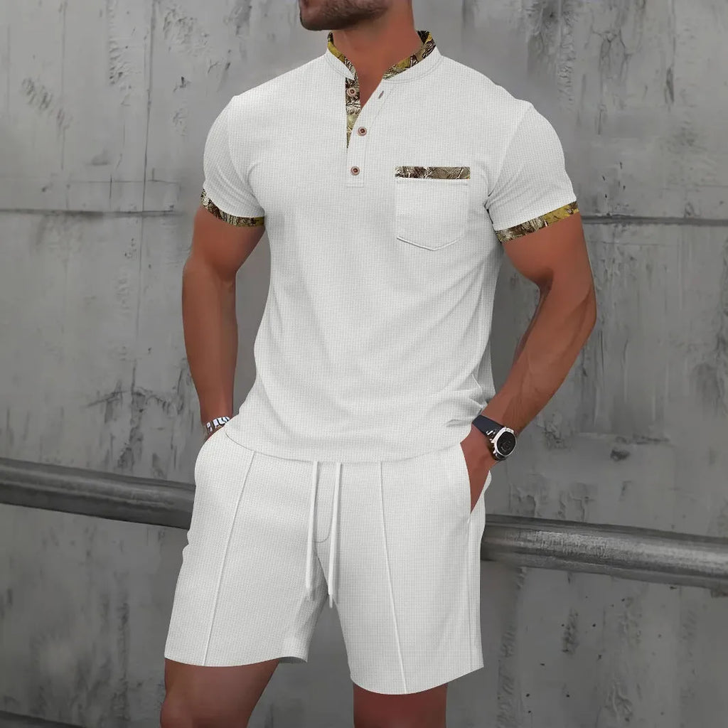 Men's grey waffle texture zipper polo collar short sleeve top and shorts casual suit set.