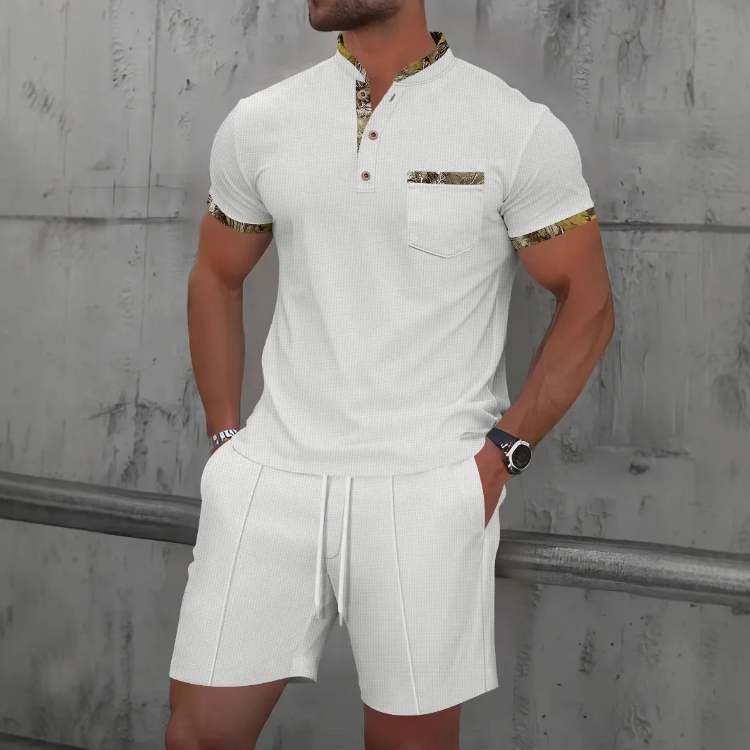 Men's grey waffle texture zipper polo collar short sleeve top and shorts casual suit set.