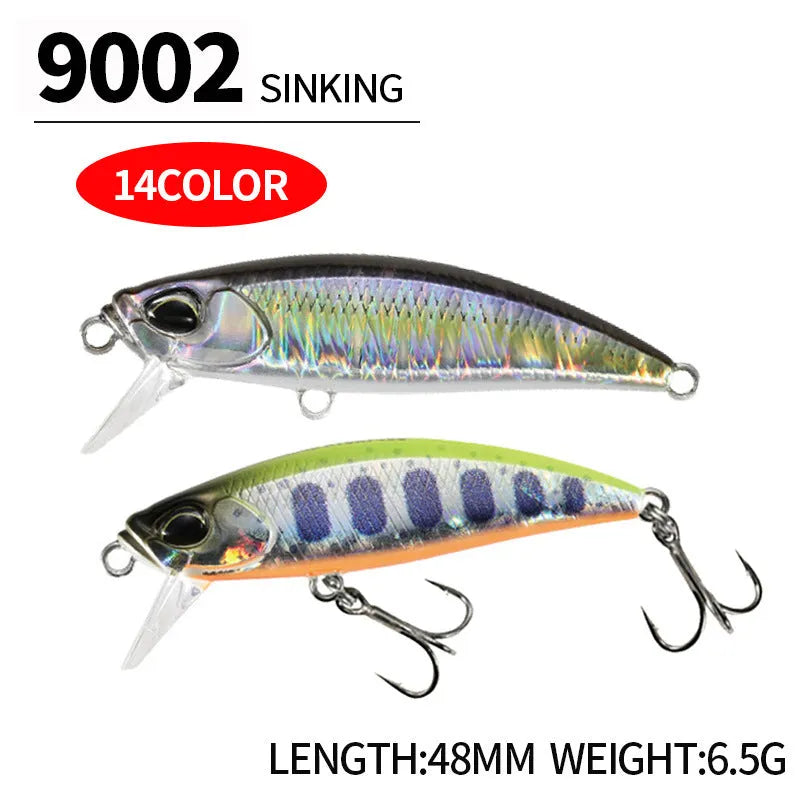 Japanese Submerged Mino hard fishing lure in multiple colours, showing 48mm length and detailed scale pattern for Mandarin Fish and Snakehead.