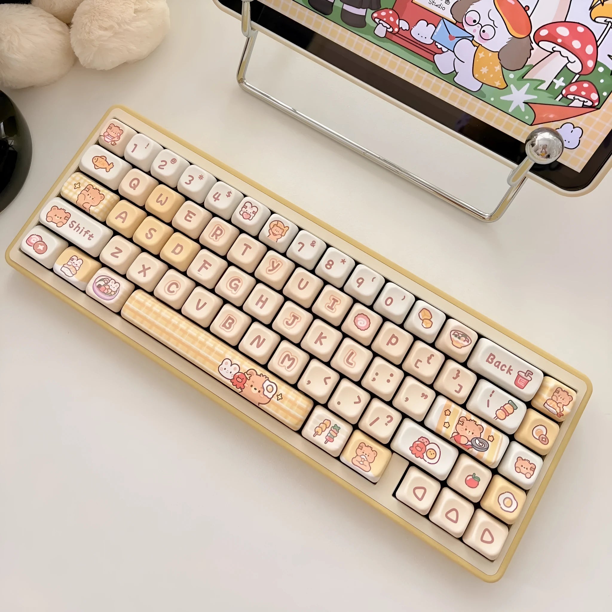 Rabbit Bear Restaurant cartoon themed PBT keycap set in EOA height profile, 140 pieces.