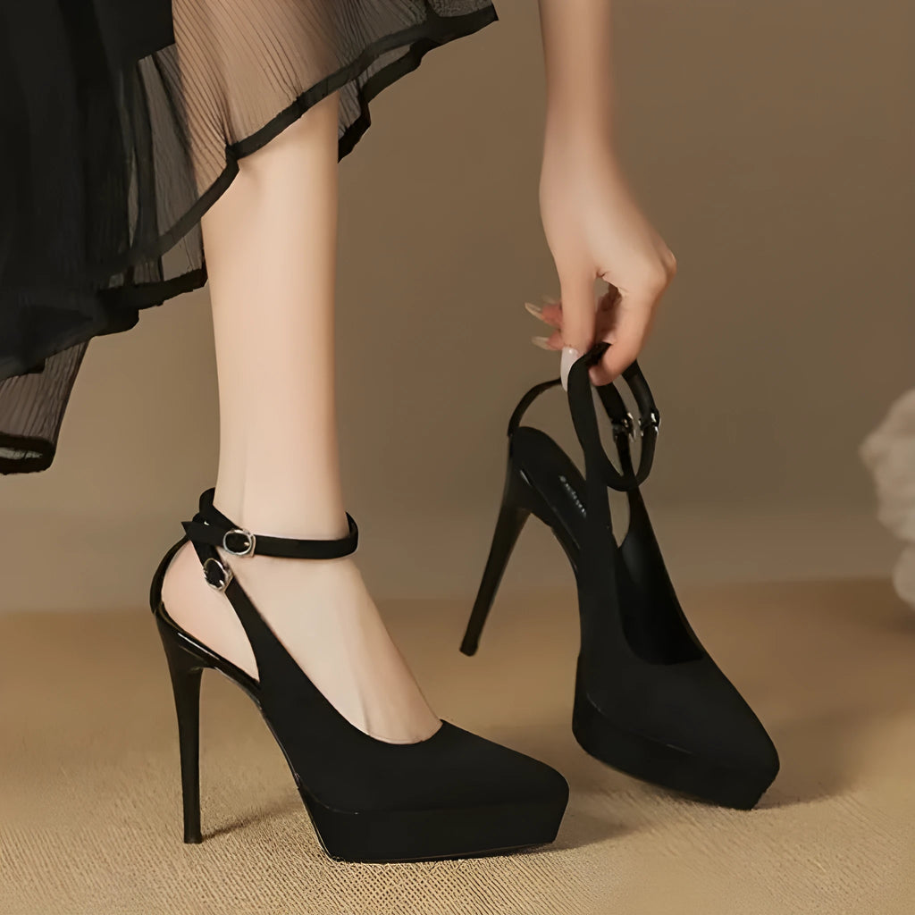 Black waterproof platform stiletto heels with pointed toe, satin or suede finish, rubber sole, 8-12cm heel