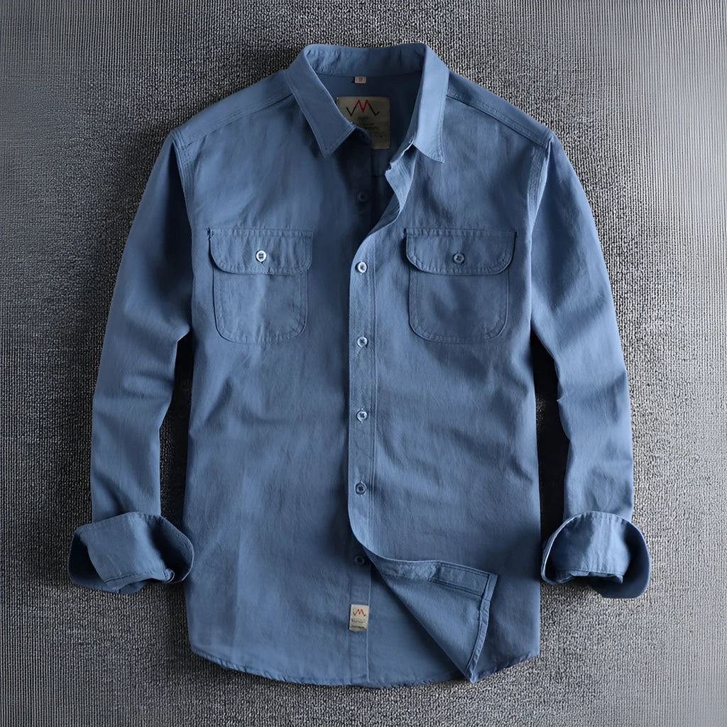 Men's light blue cotton long sleeve shirt with cardigan collar in British retro style