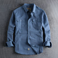 Men's light blue cotton long sleeve shirt with cardigan collar in British retro style