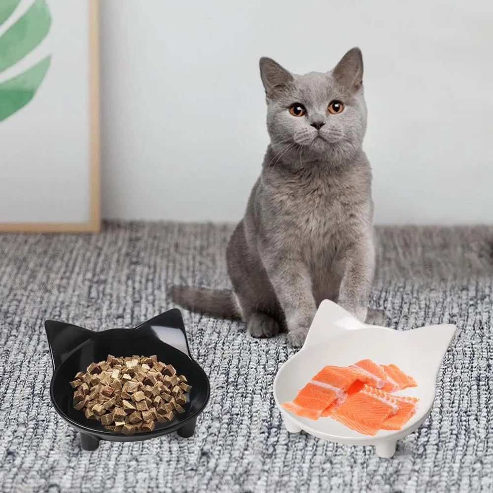 Black and white shallow melamine cat bowls with non-slip rubber bases