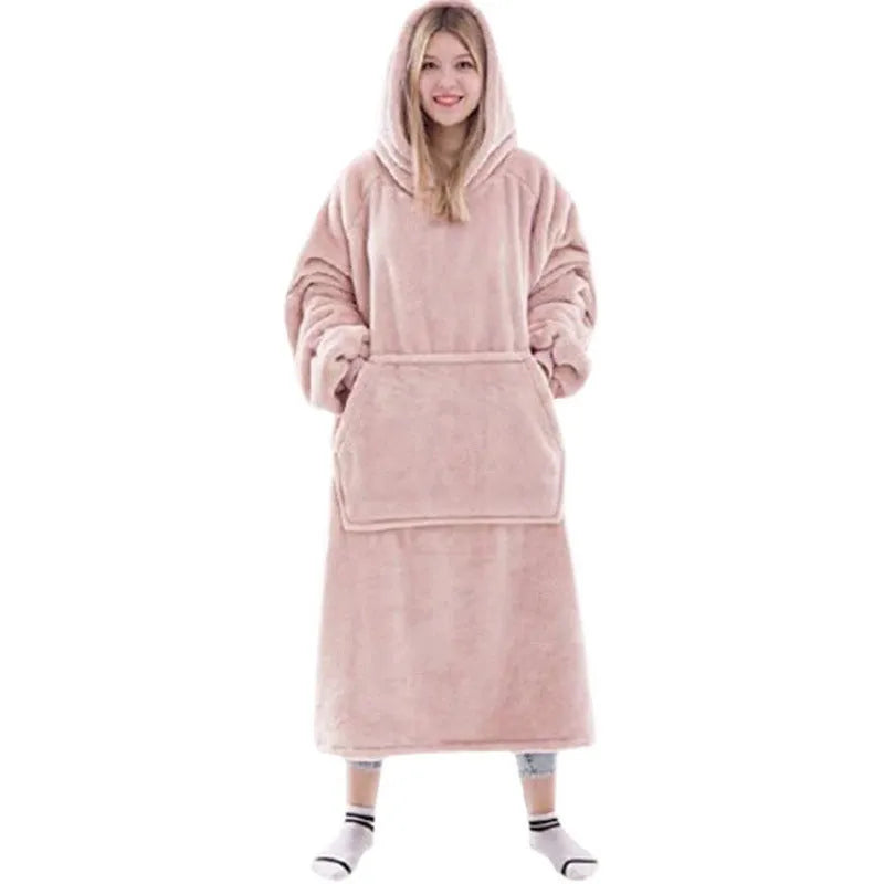 Flannel thick warm blanket hoodie for women in solid colour with front pocket and long sleeves