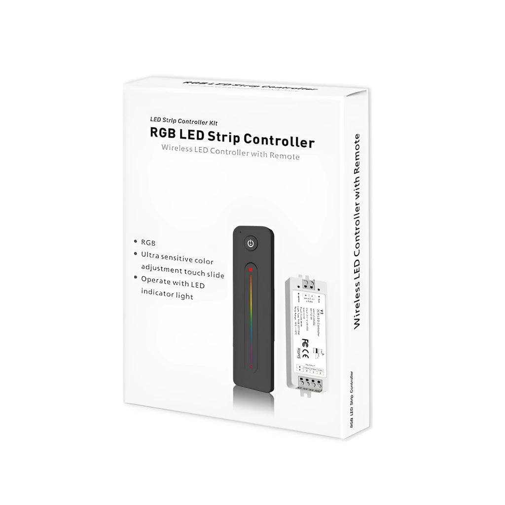 Black wireless RF LED dimmer controller with remote for RGB strip lights 12-24V 8A