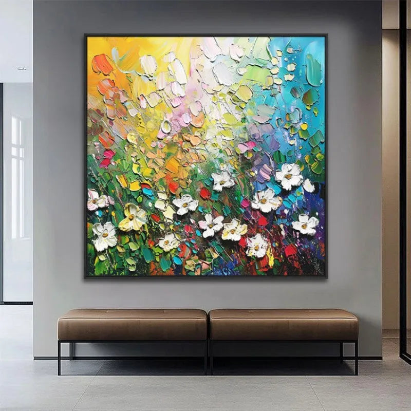 Handmade abstract thick oil 3D palette knife flowers painting on canvas, square format, no frame, multiple colours and sizes