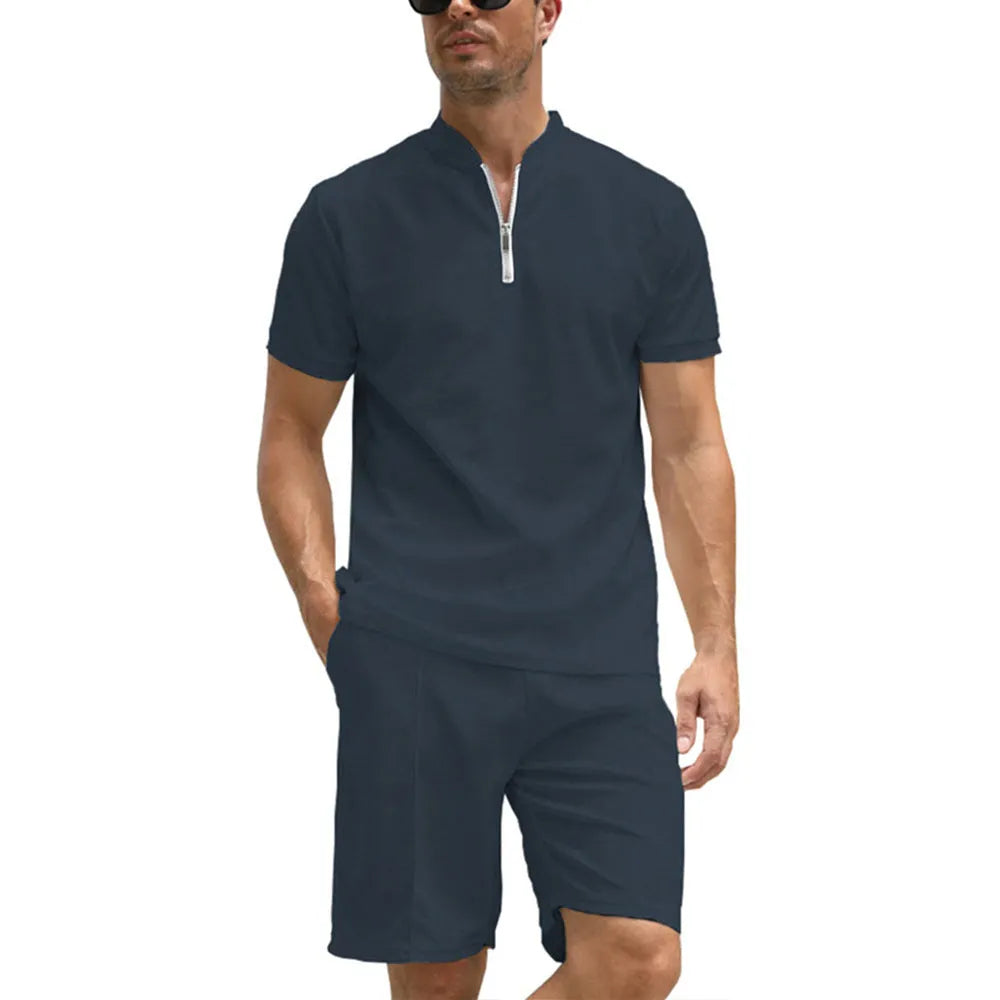 Men's solid colour polo shirt and trousers two-piece suit set in beaded bird's eye fabric.