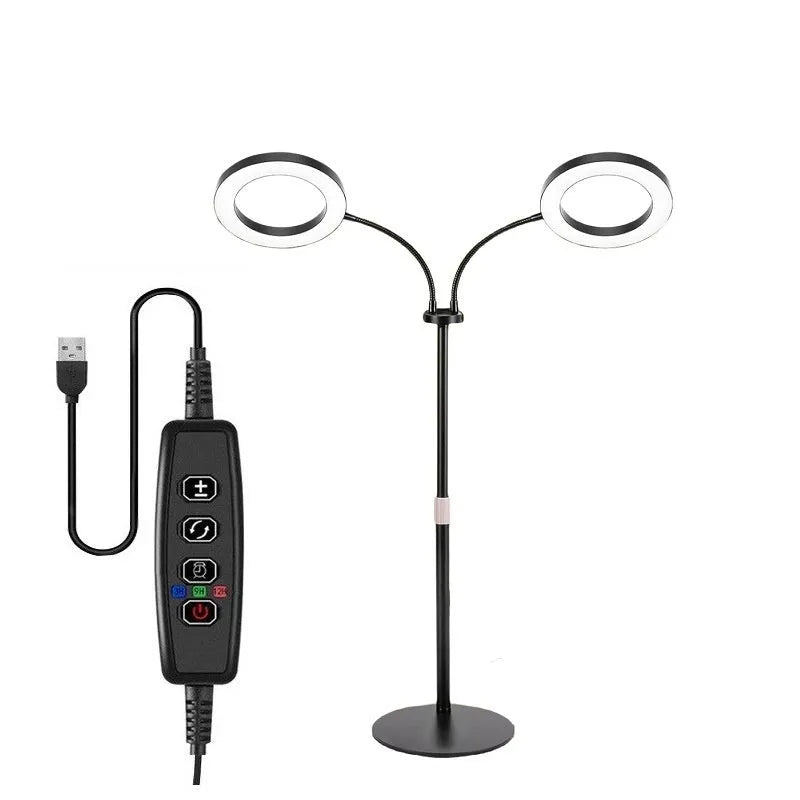 6-inch Angel Ring retractable floor standing grow light with aluminium holder next to indoor plants.