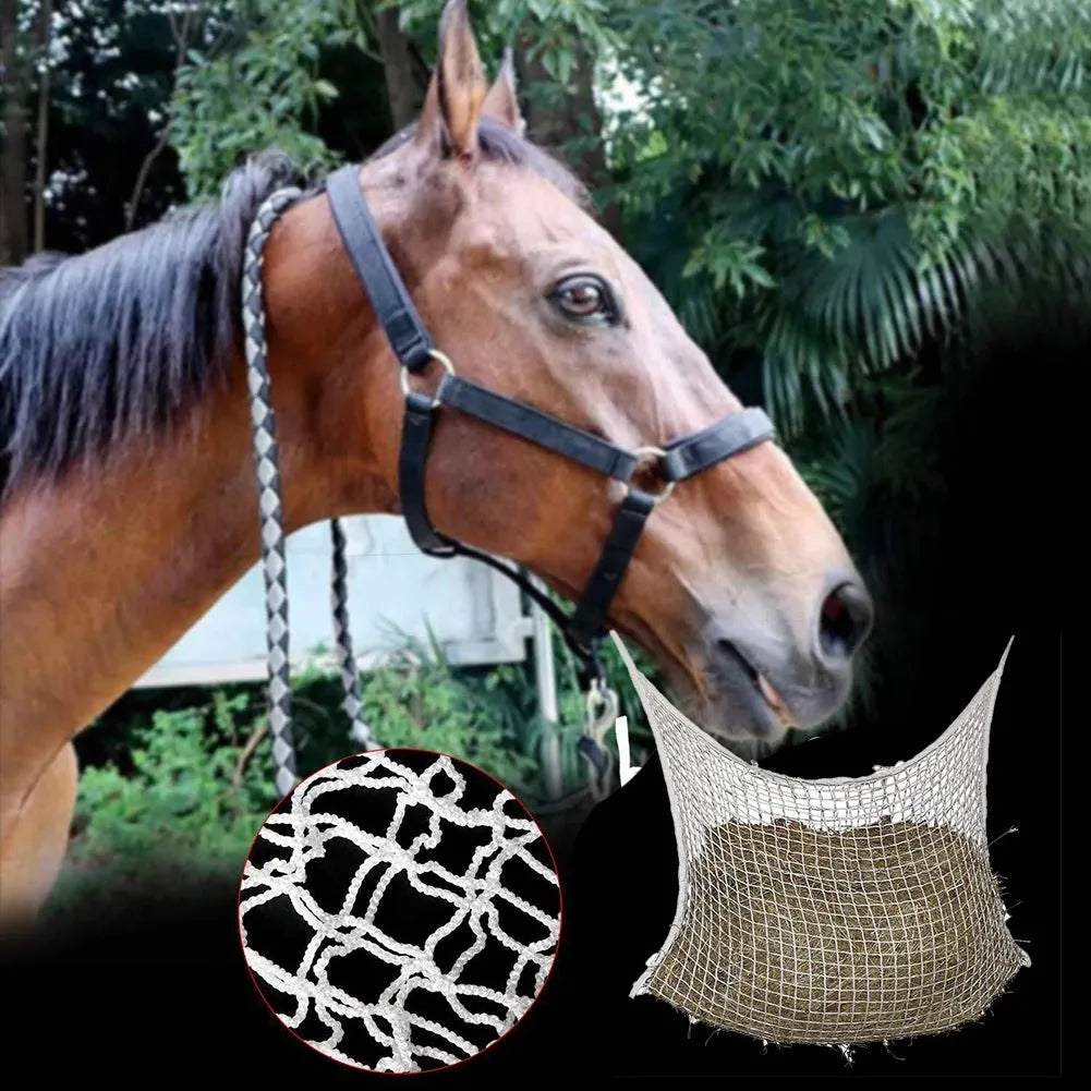 Black woven grid horse feeding bag hanging, filled with hay.
