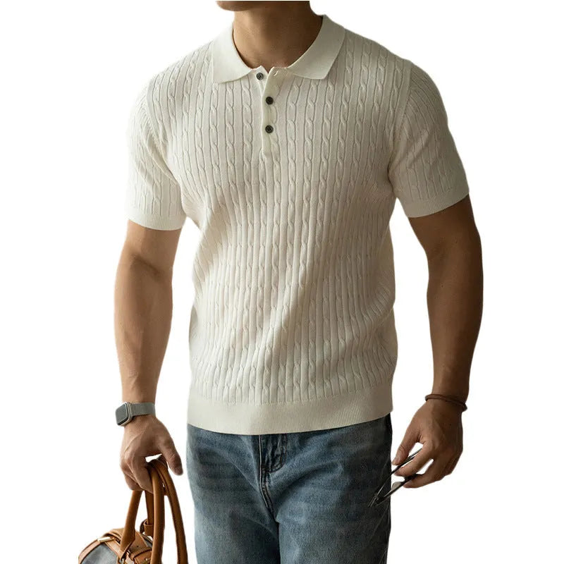 Men's short sleeve business top in khaki colour, shown on a hanger.