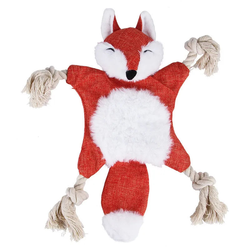 Plush squeaky dog toy set with fox, squirrel, monkey, and other animal shapes on a light background