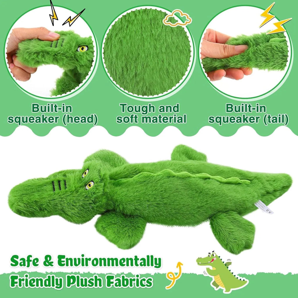 Green crocodile-shaped plush dog toy with a squeaker and crinkle tail for aggressive chewers.