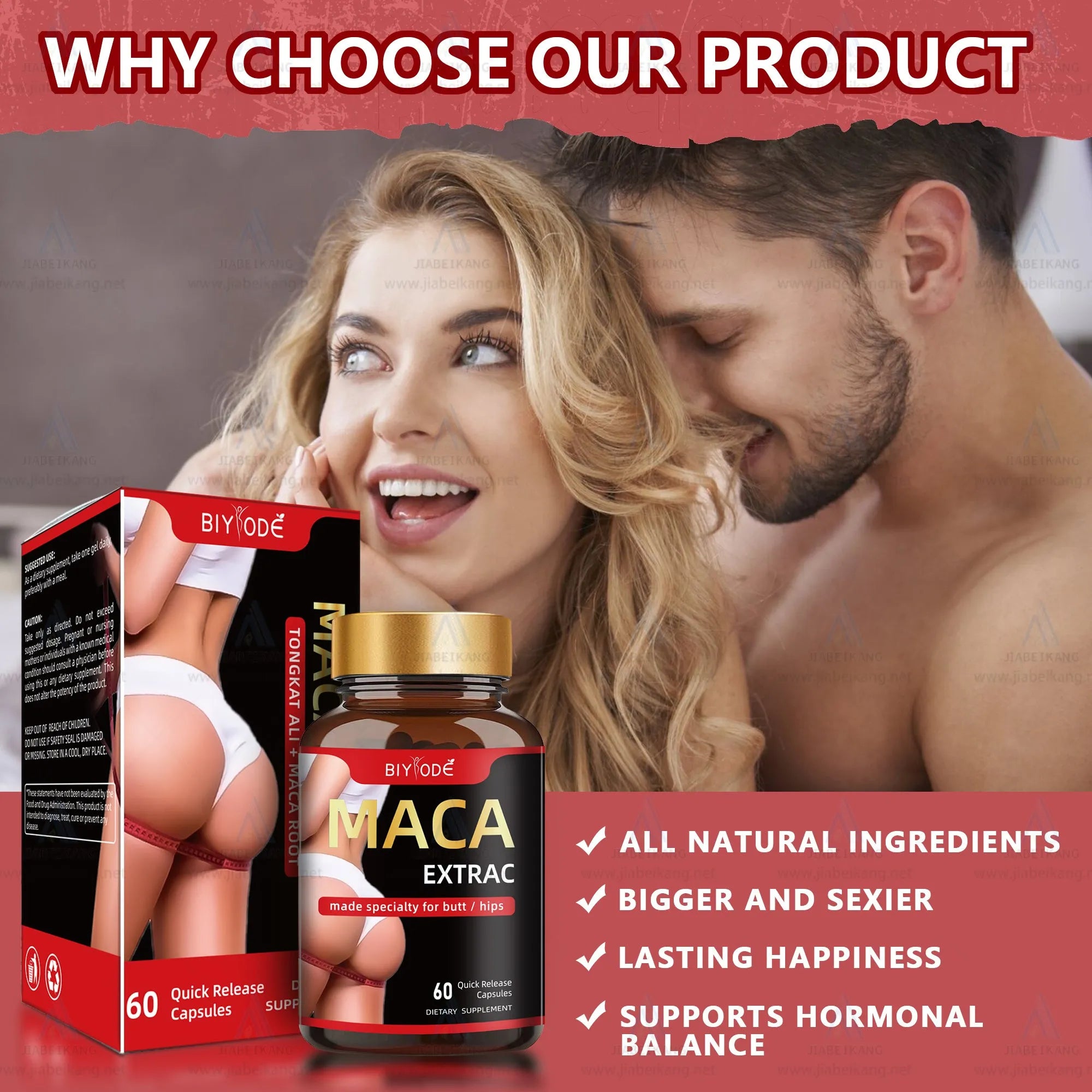 Bottle of maca root capsules for hip and butt enlargement 60 capsules per bottle herbal supplement