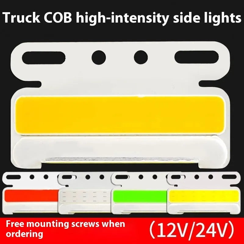 Aluminium COB LED truck side light with waterproof seal, shown illuminating ground next to vehicle tyre.