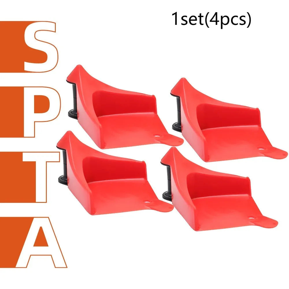 Red plastic parking chock set of four pieces with non-slip rubber surface