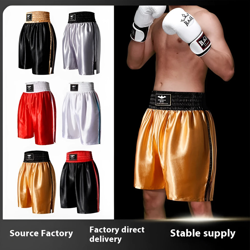 Professional fighting boxing pants in double-layer nylon fabric, available in black red, white red, silver, gold, black gold, sizes XXS to XXL