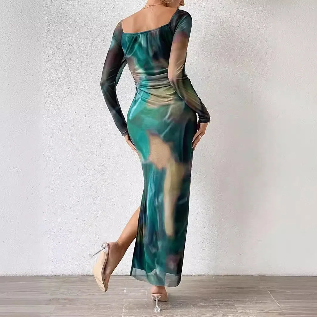 Women's printed mesh fishtail dress with gradient colour pleats and square collar