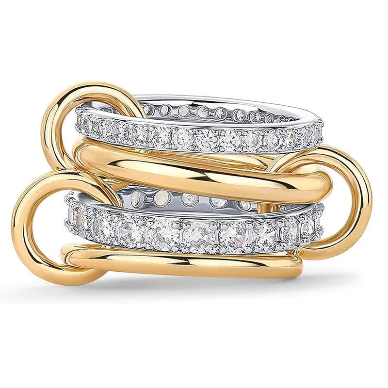 Multi-layer diamond ring in four-layer silver, handmade from copper and zirconia, sizes 5-11