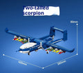 Plastic building block set forming a double-tail scorpion drone in a military series with colour box packaging