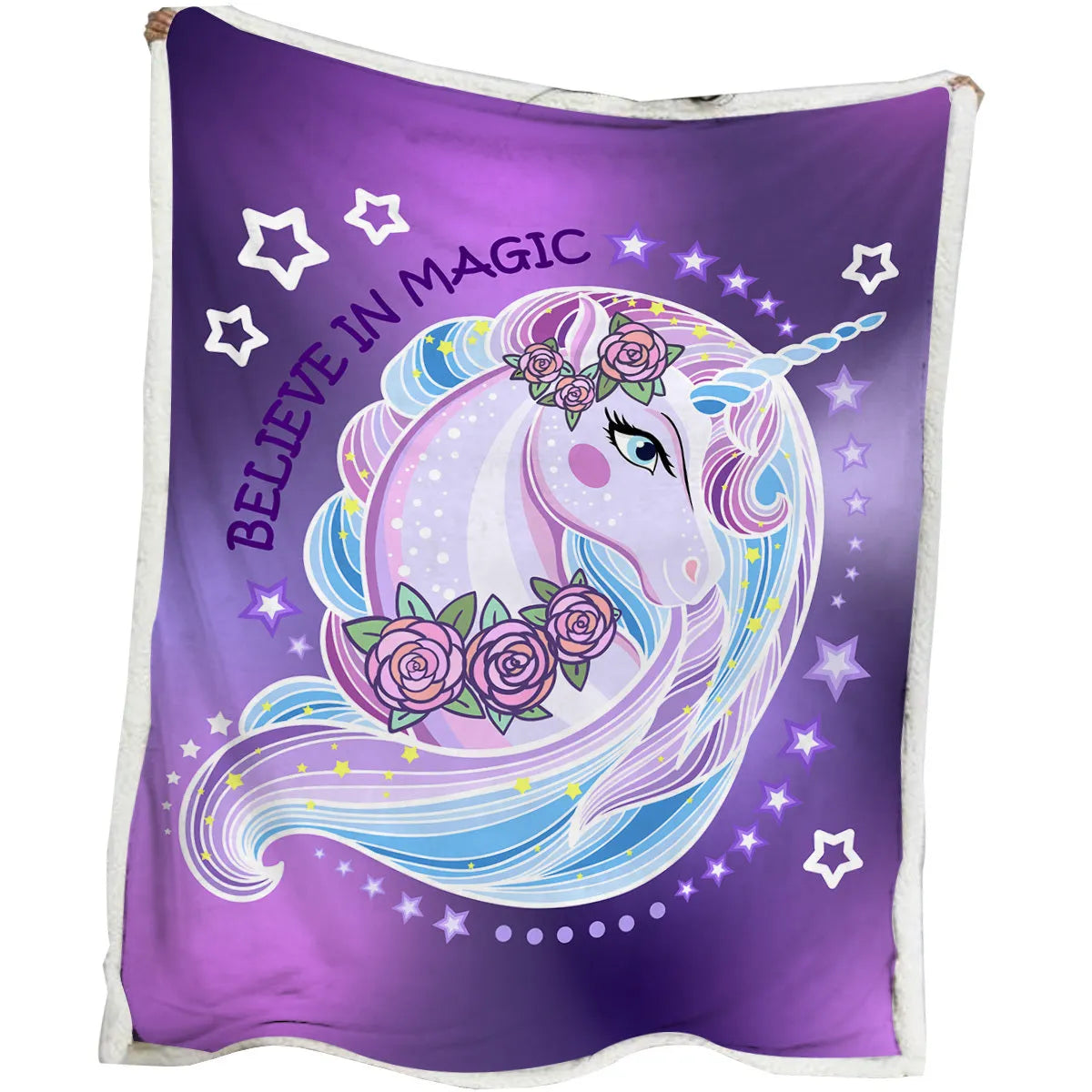 Purple unicorn themed sherpa fleece blanket with hemmed edges, available in 130x150cm and 150x200cm.