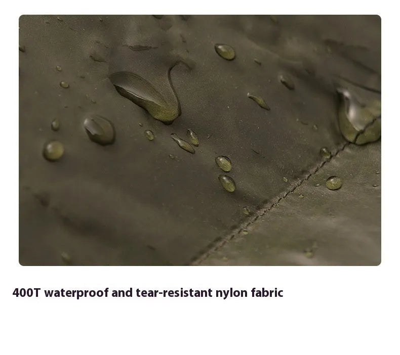 Ultralight mummy sleeping bag in army green colour with white duck down fill.