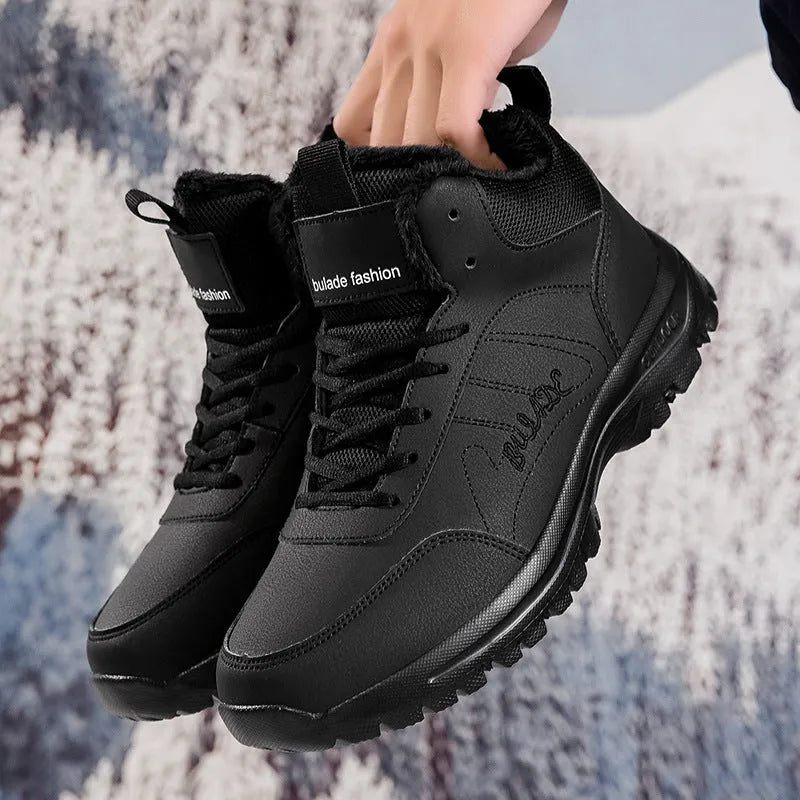 Men's black fleece-lined casual sports shoes with artificial leather upper and rubber sole