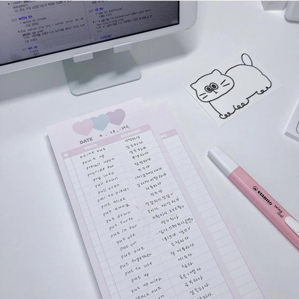 Vertical B5 half-size notepad in blue, pink, or purple cover, showing double-sided pages.
