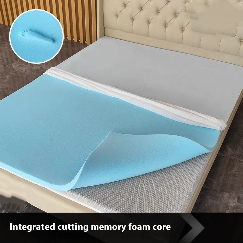 Thin gel memory cotton tatami mattress on a floor, showing its slim profile and textured cover.