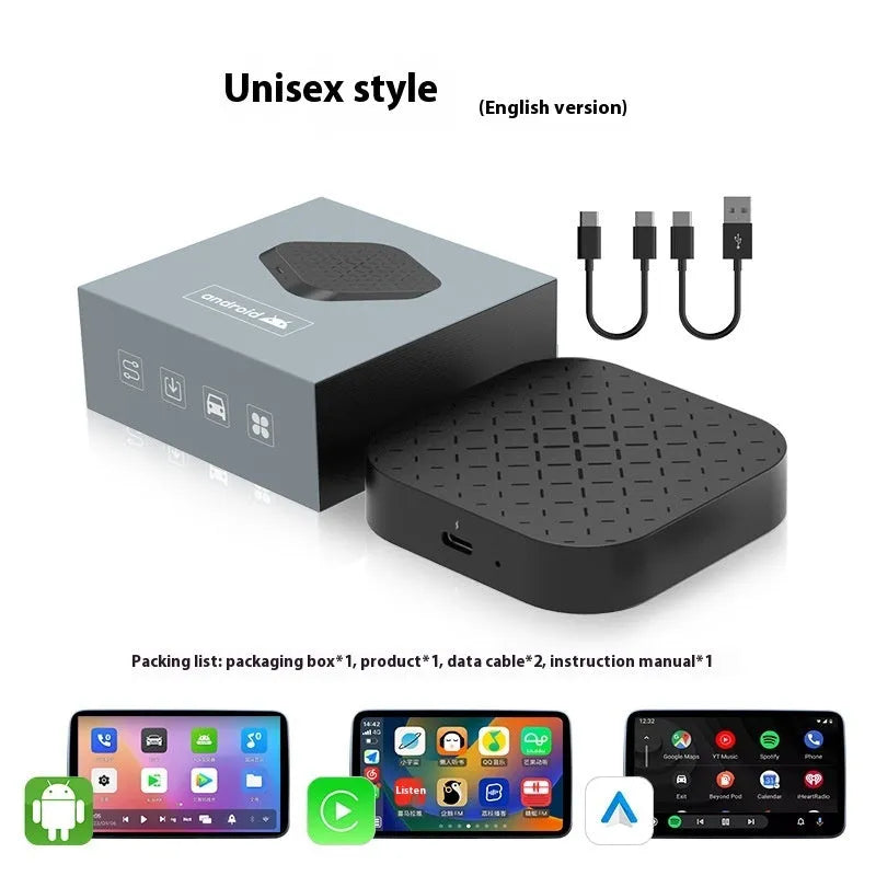 Black Android car connectivity box converting wired CarPlay to wireless smartphone integration