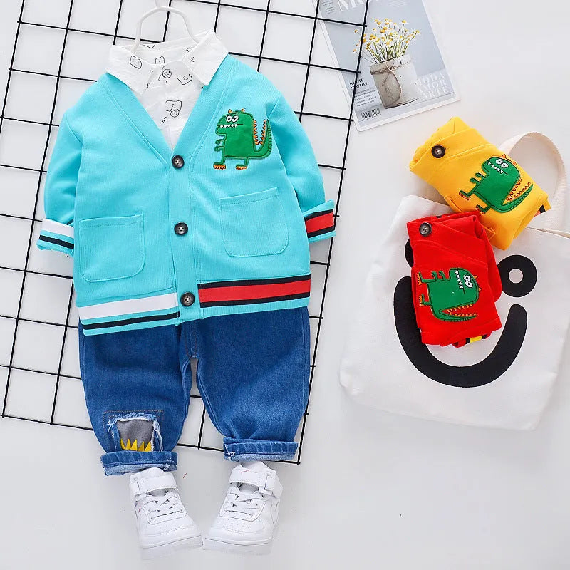 Children's three-piece dinosaur animal set hole outfit in yellow, long sleeve top and trousers, cotton fabric