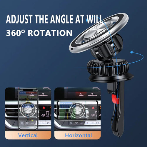 Car air vent magnetic phone holder in silver and black with alloy ABS construction