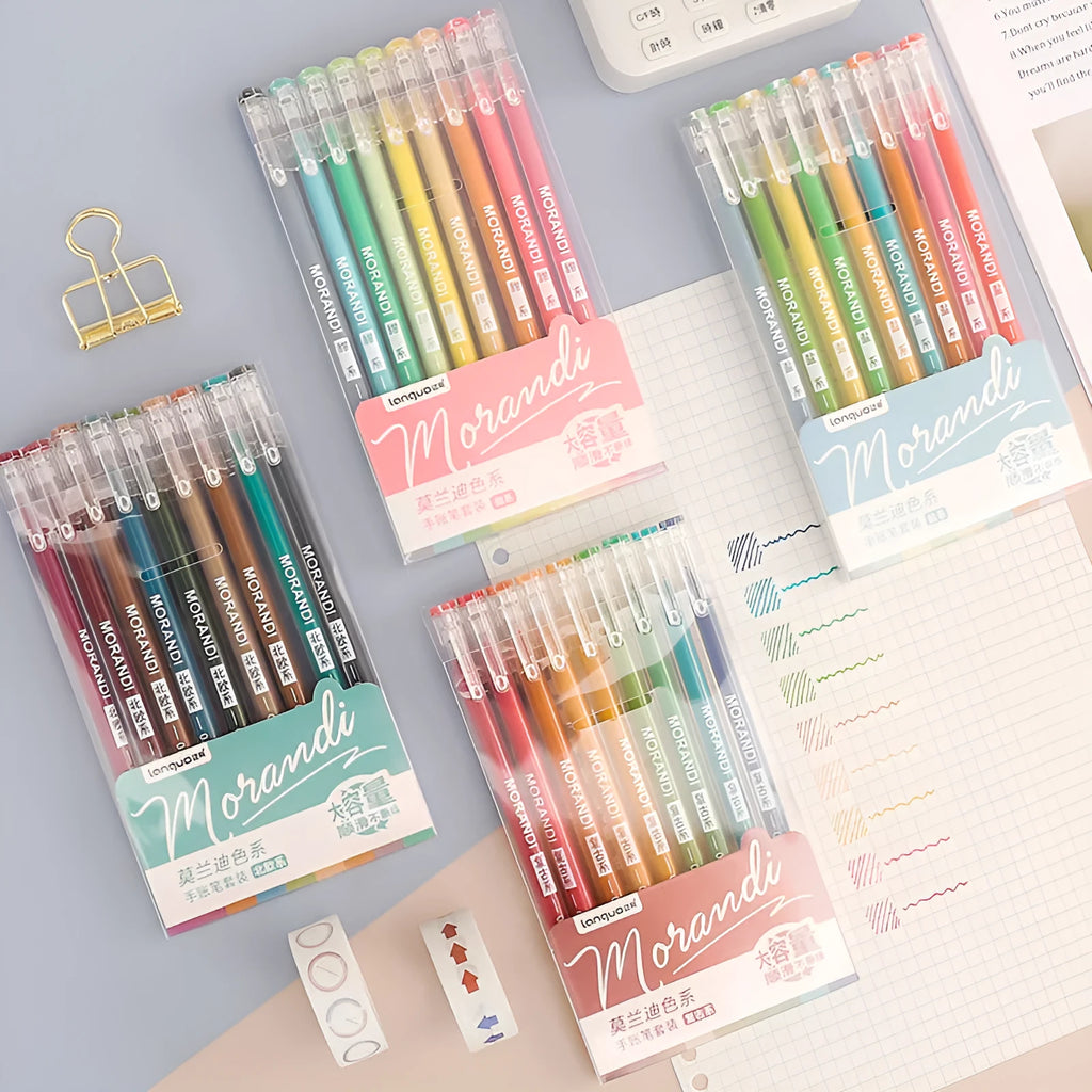 Set of nine colourful retro-style gel pens with 0.5mm needle tips arranged in a pack.