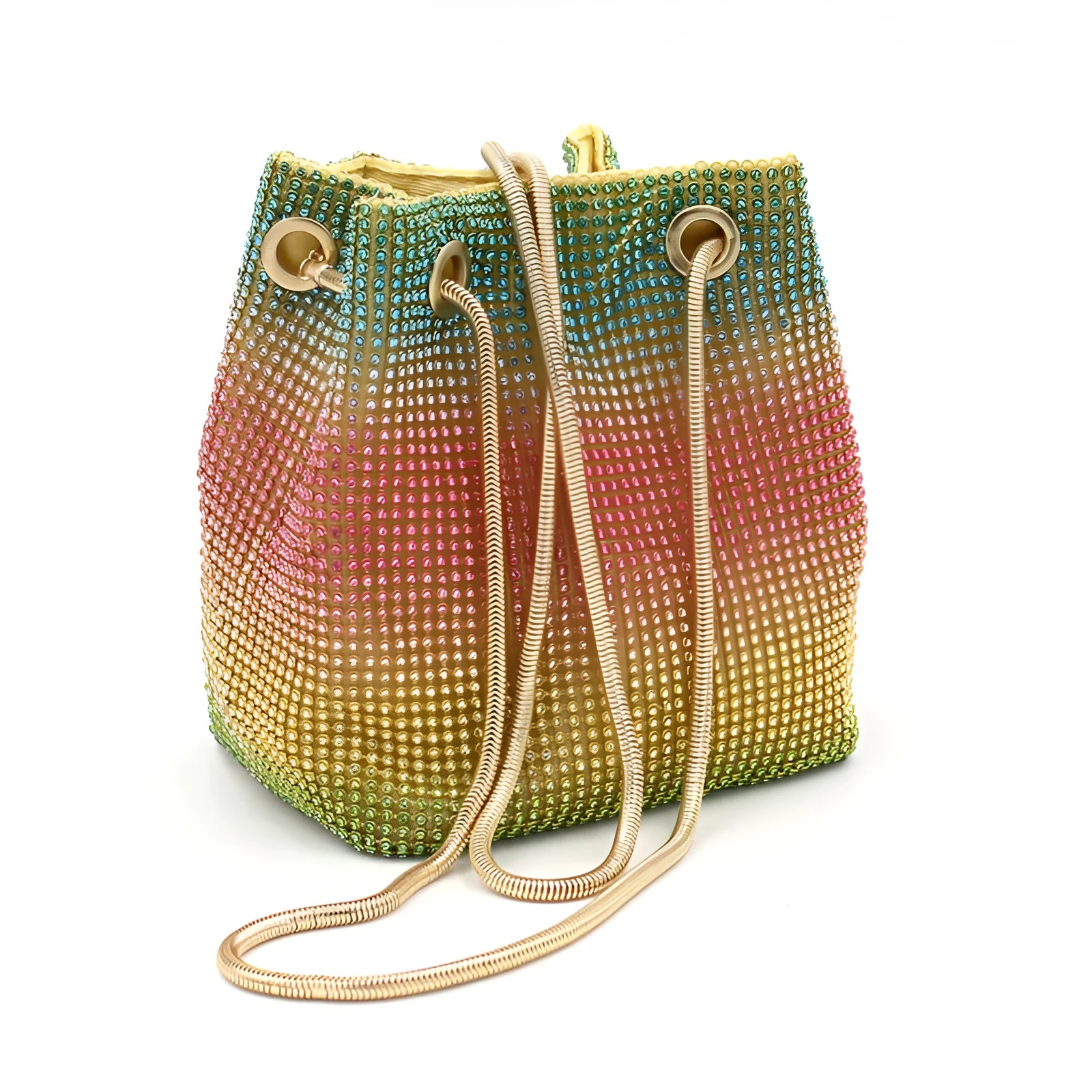 Soft rainbow iridescent bucket bag covered in sparkling rhinestones with a shoulder strap on a white background.