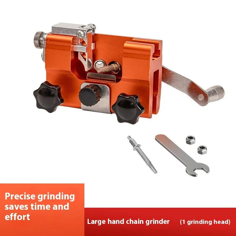 Hand-cranked chain sharpener with silicon carbide grinding head, handle diameter 6, for manual chainsaw chain sharpening