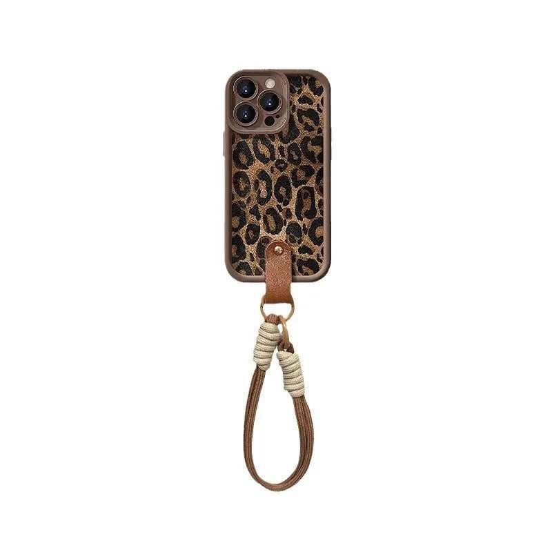 Brown leopard print silicone lanyard case for iPhone with hands-free strap.