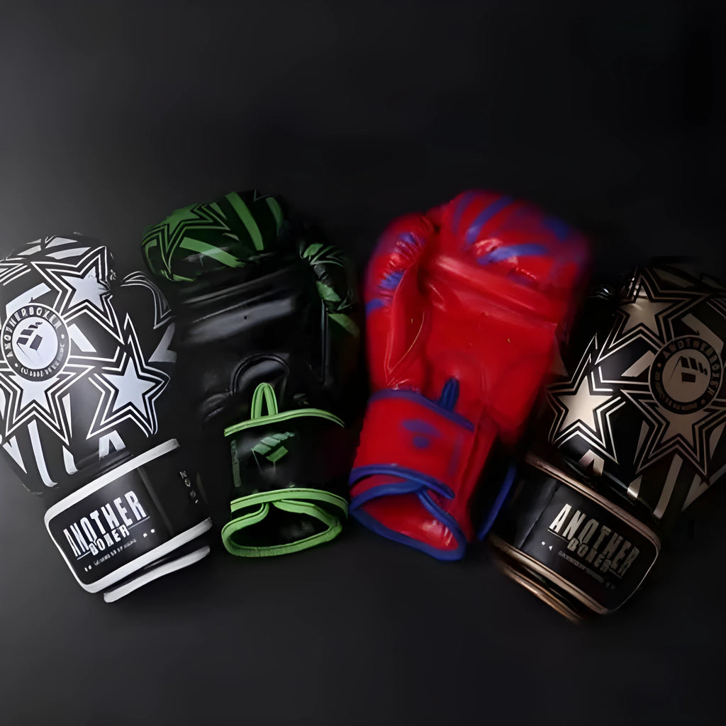 Gold children's Sanda boxing gloves with star design, showing vertical style and PU construction.