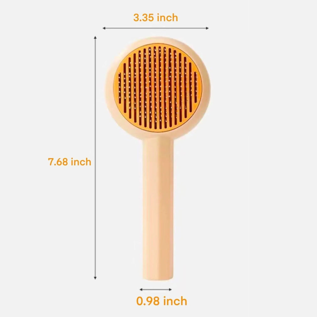 Blue self-cleaning pet grooming brush with angled metal needles for cats and dogs