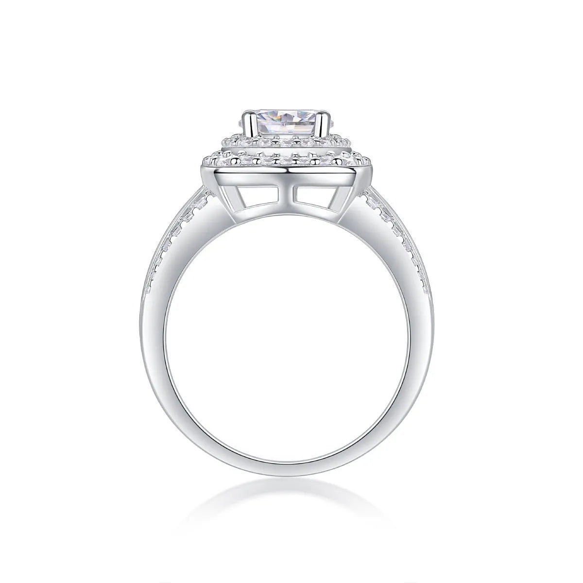 Moissanite silver ring with round cut geometric design on a silver band