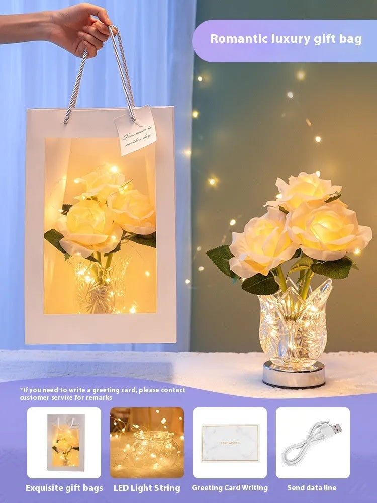 Crystal flowers decorative table lamp with touch controls and rechargeable battery for cordless placement