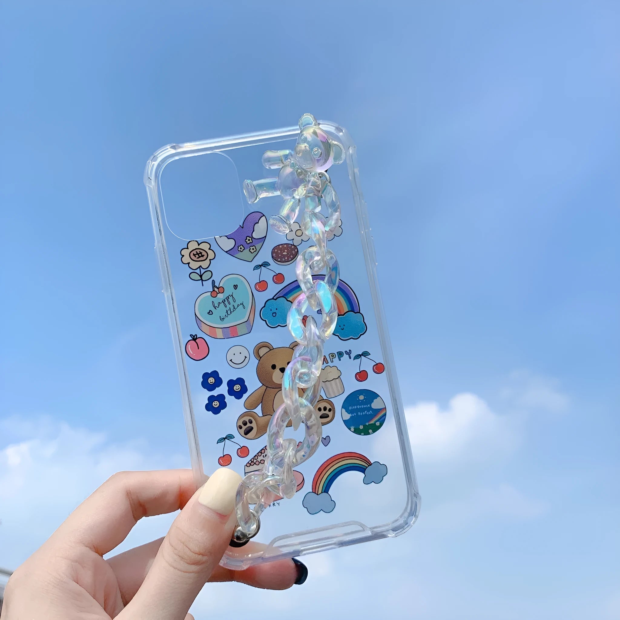 Bear chain iPhone case with pendant attachment point and Japanese Korean cartoon design on TPU material
