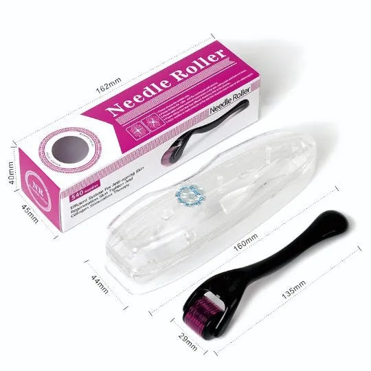 Black derma roller with titanium microneedles for face, beard, scalp and body skincare.