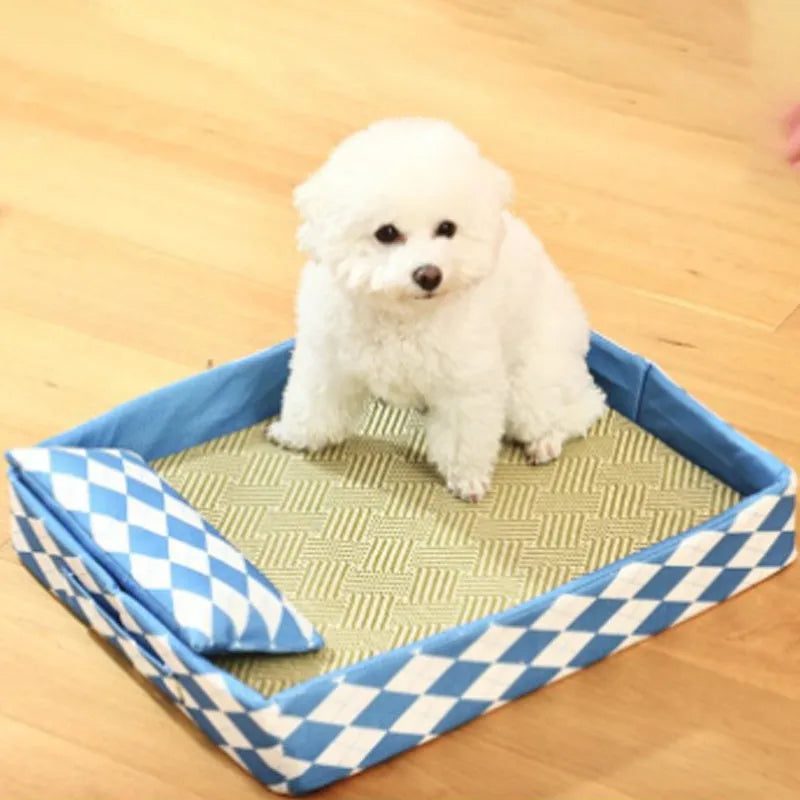 Blue rattan cat bed mat showing woven texture and rectangular shape