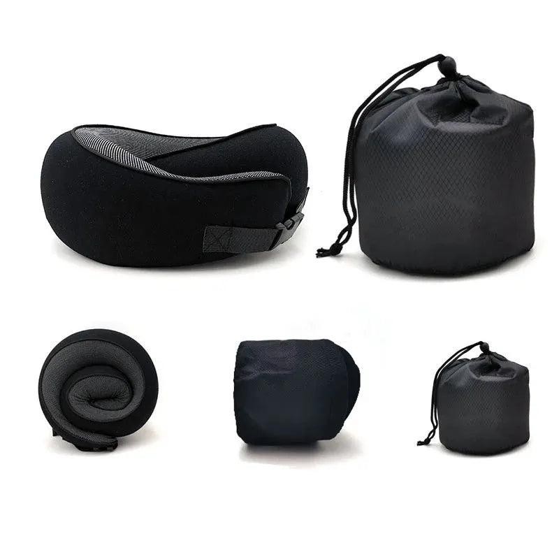 Memory foam U-shaped travel neck pillow in navy blue with buckle closure