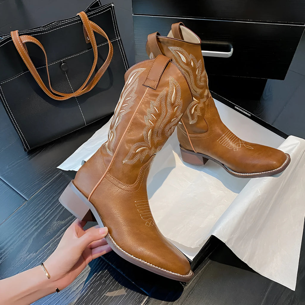 Brown women's embroidered mid-calf Martin boots with a waterproof platform and square heel